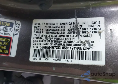 2013 Honda Cr-V Exl from USA, damaged, VIN 5J6RM4H7XDL058149